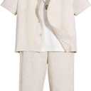 Verdusa Boy's 2 Piece Sets Linen Set Going Out Summer Outfits Button Up Shirt and Shorts Pants Set 7Y