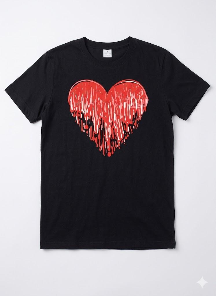 Black Dripping Red Heart T-Shirt, Large