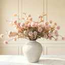Artificial Flowers for Vase - Beige Silk Mums 10 Long Stems with Eucalyptus, Faux Flowers Home Decor, Neutral Tan Cream Floral Arrangement, Fake Chrysanthemum Pom Pom Stems, Spring Fall Centerpiece