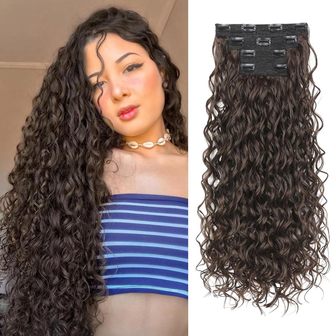 REECHO Curly Hair Extensions, 4PCS 24 inch Clip in Hair Extensions Lace Weft Short Curly Extensions Clip Ins Invisible Natural Hairpieces for Women, Chocolate Brown
