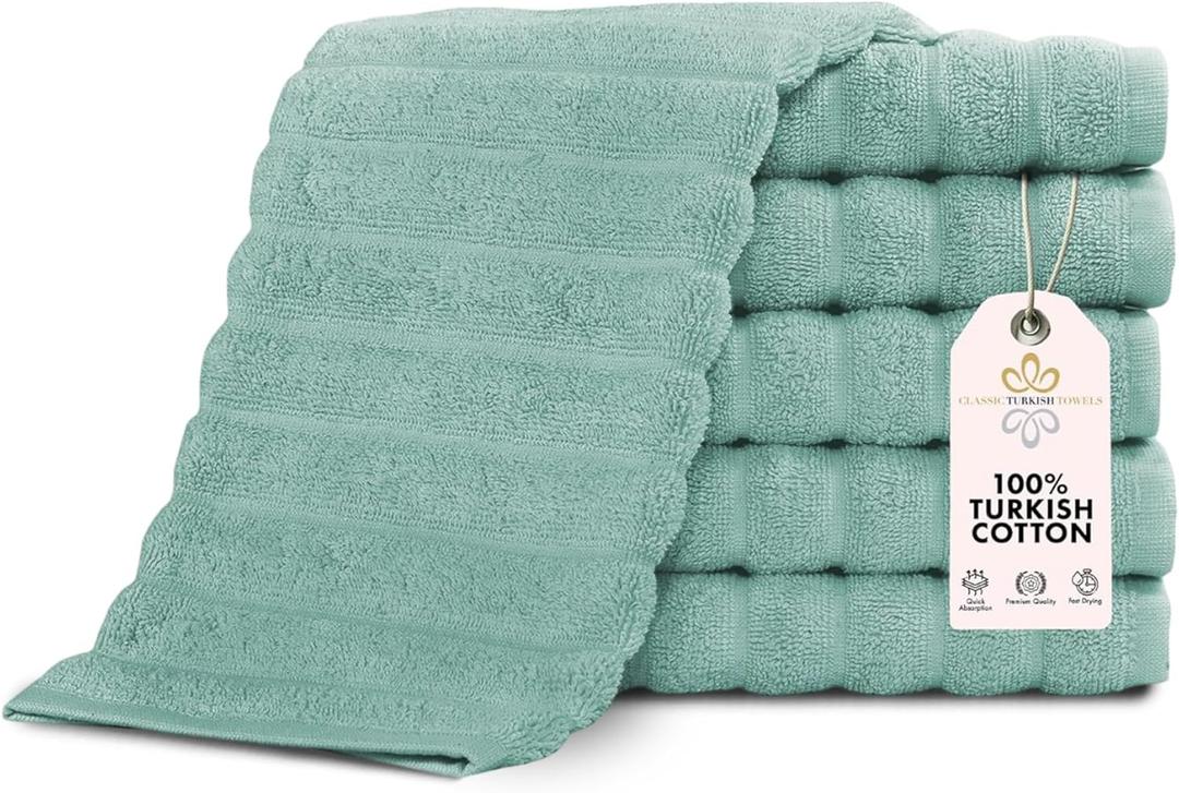 Classic Turkish Towels CTT Luxurious 100% Turkish Cotton Washcloths 6 Pack, Highly Absorbent & Quick Dry, Face Towels Wash Cloths for Hotel, Spa & Gym | 13"x13" (Spa Green, 6-Piece Washcloth Set)