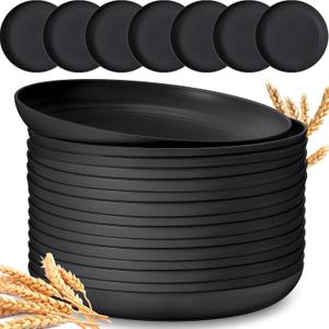 Zopeal 15 Pcs Unbreakable 10 Inch Wheat Straw Plates Set for Fruit Kitchen Salad Dessert Cakes Dish Reusable Plastic Lightweight Deep Dinner Plates, Microwave and Dishwasher Safe(Black)