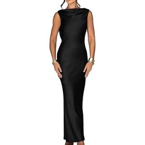 Memoriesea Women's Satin Elegant Sleeveless High Neck Tie Cocktail Party Maxi Dress, Small