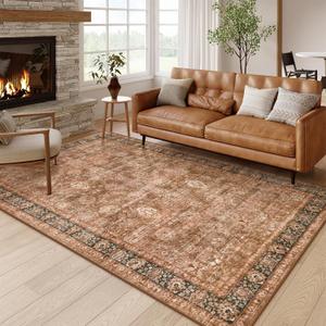 Morebes Vintage Living Room Rug,Washable Large Area Rug 6x9 Non Slip,Distressed Soft Floral Dorm Boho Rugs,Indoor Accent Floor Carpet for Nursery Kitchen Coffee Table Dining,Brown