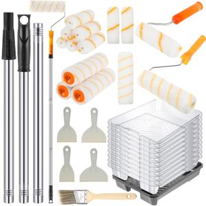 Qilery 31 Pcs Paint Roller Kit with Extension Pole Roller Include Paint Rollers and Brush Holder Tray with Disposable Liners Angled Brush Cleaning Knives for Home Improvement Supplies (4 Inch,9 Inch)