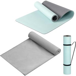 Woanger 2 Pack Hot Yoga Mat Thick 12mm and Towel Non Slip 72" x 26.5" Extra Large Absorbent Microfiber with Nylon Strap for Pilates Exercise Fitness Workout
