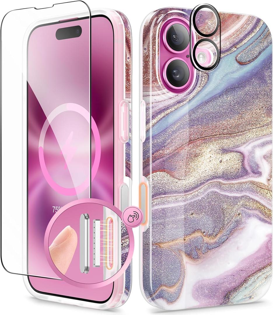 GVIEWIN for iPhone 16 Case Compatible with MagSafe, with Screen & Lens Protectors, Military-Grade Protection Slim Marble Shockproof Magnetic Phone Case for 16 6.1", Flowing Sakura/Pink