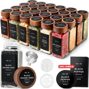 EDELHAUS Square Spice Jars with Acacia Wooden Lid (Pack of 24) Spice Jars with Shaker Insert and 240 Labels - Acacia Lids Glass Container for Spice Organisation [4.3 in 1.8 in]