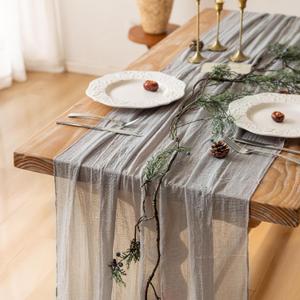 Keketoarrange Grey Spring Table Runner Gauze Rustic Cheesecloth 120 Inch 10 FT for Wedding Baby Shower Bridal Shower Birthday Engagement Garden Outdoor Party Long Sheer Summer Home Boho Decorations