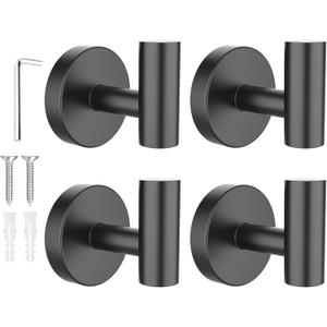SetSail Towel Hooks for Bathrooms 4 Packs Screw-in Matte Black Bathroom Towel Hook Wall Mounted Stainless Steel Shower Towel Hooks for Coat Hanging, Drill Hole
