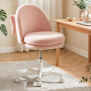 GTPOFFICE Vanity Chair with Back, Adjustable Tall Office Chair High Swivel Bar Stools Fluffy Cute Desk Chair Comfy with Wheels Bow Pillow Armlees for Adults Standing Desk Bar, Teddy Velvet, Pink