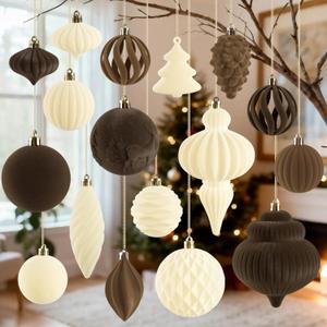 18Pcs Velvet Christmas Tree Ornaments Set, Flocked Hanging Christmas Balls Ornaments, Shatterproof Khaki Brown White Hanging Balls Decorations Assortment for Xmas Tree Holiday Winter Party Decor