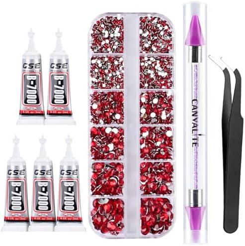 Canvalite 1500PCS Red Rhinestones Flat Back Gems, Nail Rhinestones Nail Art Gems with Pick Up Tweezers and Rhinestone Picker Dotting Pen, Nail Art Tools for Nails, Clothes, Face, Craft