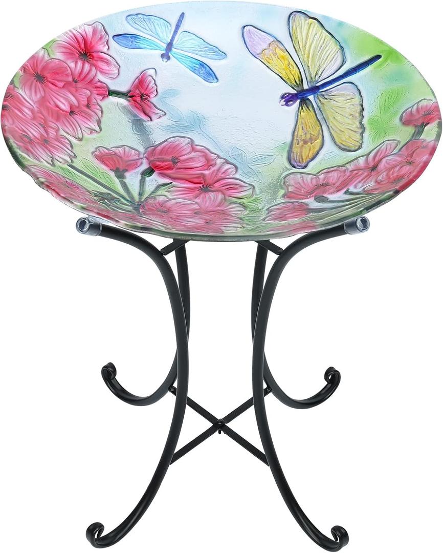 MUMTOP Bird Bath-Bird Baths for Outdoors - Dragonfly Large Bird Bath Bowl with Metal Stand, Glass BirdBaths for The Garden Lawn Yard Decor (dragonfly)