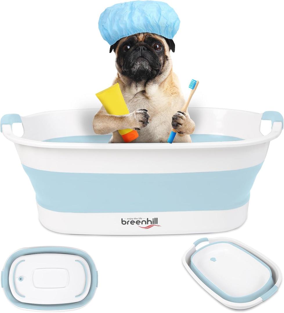 Collapsible Dog Bath Tub for Small Dogs & Cats, Portable Puppy Bath Tub with Water Drain Plug, Space Saving Foldable Pet Bathtub for Indoor & Outdoor Use, Blue