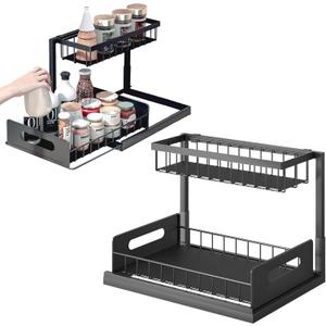 Kitchen Spice Rack - Pull Out Spice Rack for Kitchen Cabinet Organization, 2 Tier Under Sink Cabinet Organizer with Sliding Storage Drawer, 14.3x10.6x10.4'', Black