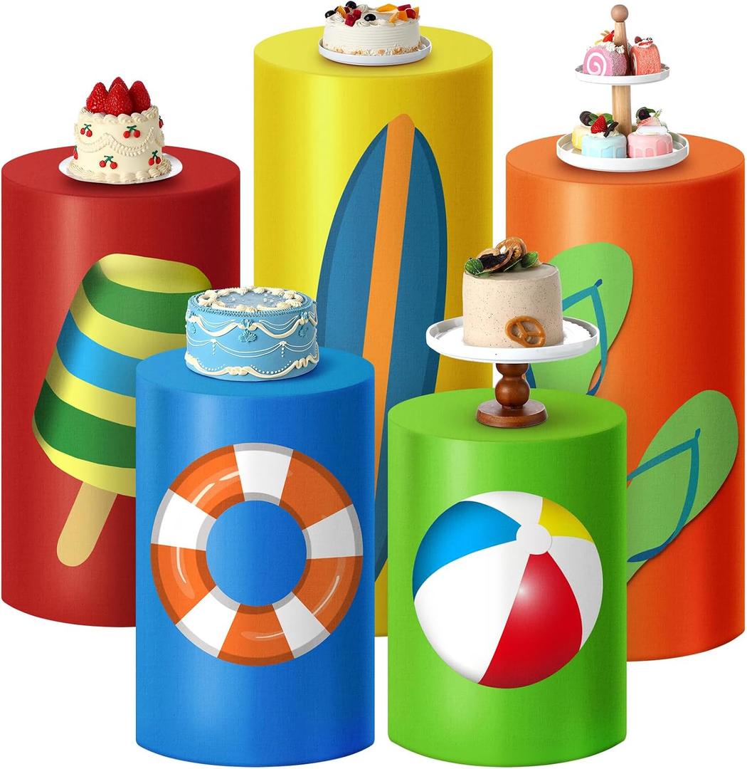 HunnmingRe 5 Pcs Summer Cylinder Pedestal Stand Covers Flexible Cylinder Stand Covers for Beach Tropical Party Backdrop Baby Shower Birthday Wedding Dessert Tables Decor Party Display Decor