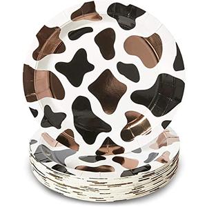 BLUE PANDA 48 Pack Cow Print Paper Plates (9 Inch) for Barnyard Birthday, Farm Animal Party - Cow Baby Shower Supplies (Brown Foil Print)