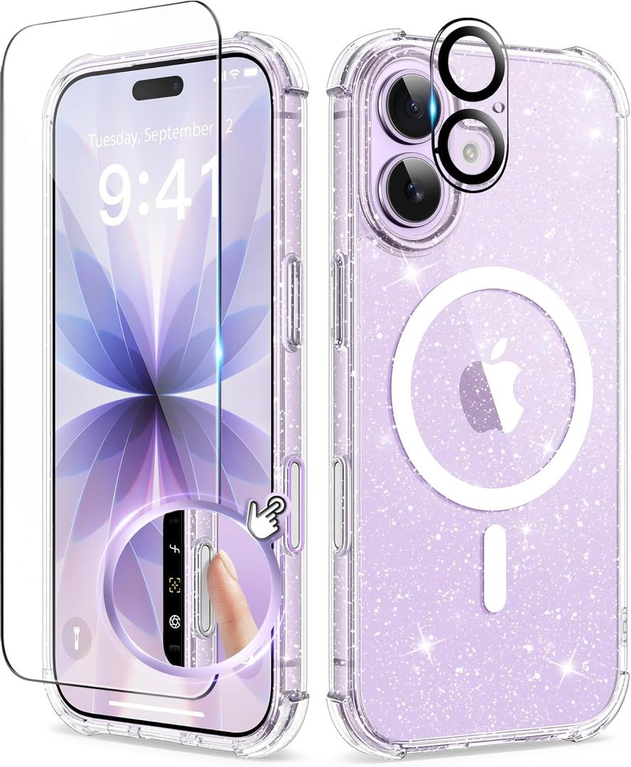BERFY for iPhone 17 Case for Women, Clear Glitter Shockproof Protective Case, Anti-Yellowing, with Screen Protector & Camera Lens Protector 6.3", Magnetic Sparkle Clear