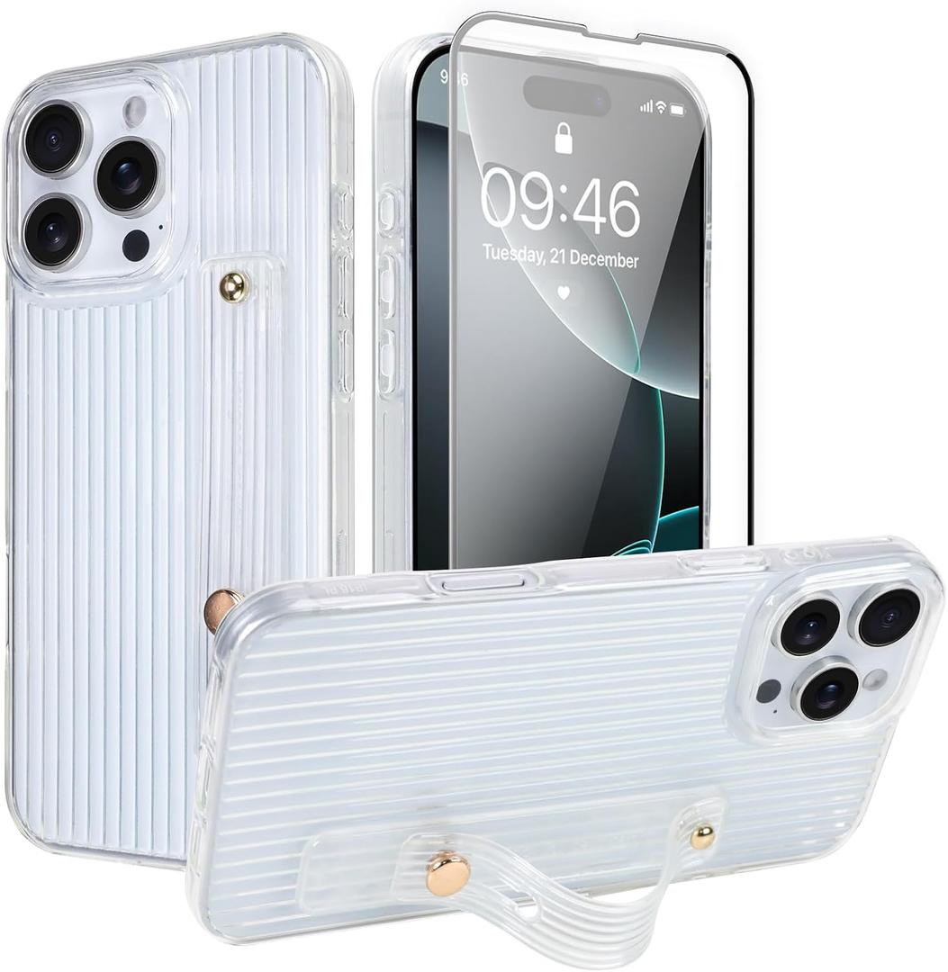 LSL for iPhone 16 Pro Max Case with Wrist Strap Kickstand + Screen Protector, Transparent Vertical Stripes Design Slim Soft TPU Shockproof Anti-Scratch Protective Case for Women Girls, White