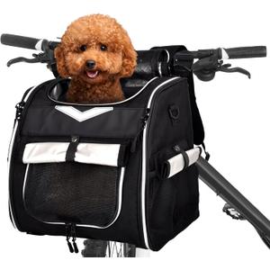 Foldable Dog Bike Basket Carrier Backpack - Large Waterproof Pet Bicycle Basket, Small Dog Cat Kitten Puppy Booster Car Seat With Safety Strap (Black)