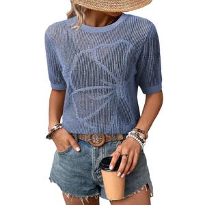 Dokotoo Cruise Outfits for Women 2026 Summer Women's Short Sleeve Pullover Sweater Cute Trendy Fashion Clothing Solid Crochet Boho Tops Beach Vacation Clothes Casual Knit Top Blue, L