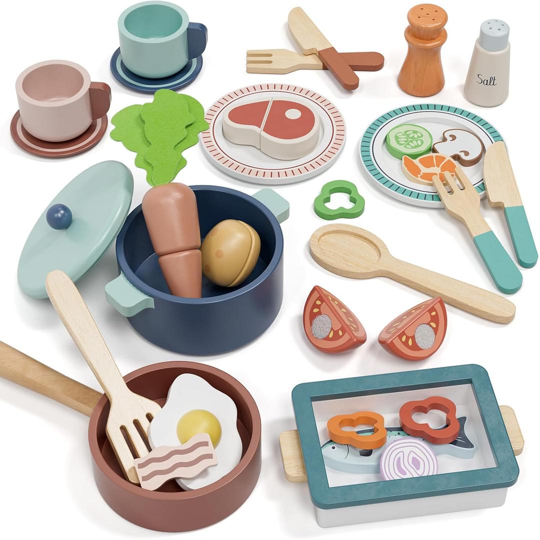 Lehoo Castle Wooden Play Kitchen Accessories, Play Pots and Pans Sets for Kids, Play Food Sets for Kids Kitchen, Montessori Food Toys for Toddlers 3-5, Gifts for Girls Boys