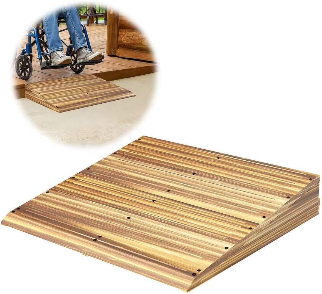 Wooden Threshold Ramp for Home Steps, 4" Rise Doorway Ramp with Non-Slip Grooves, Door Ramp for Wheelchair/Walker/Cart/Scooter, (31.4 W*4.0" H, Solid Wood, 600LBS Capacity)