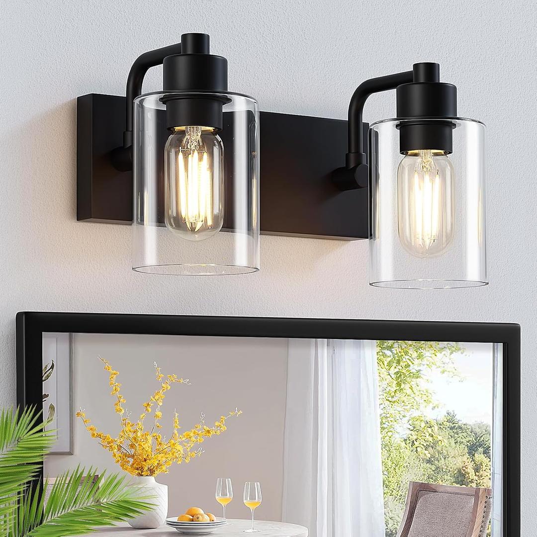 Dpyrrhic Matte Black 2-Light Bathroom Lights Over Mirror with Clear Glass Shade, Modern Bathroom Light Fixtures for Kitchen Living Room Bedroom Laundry Room