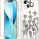 GVIEWIN for iPhone 13 Case Floral, with Screen Protector&Camera Lens Protector,[Non Yellowing] Soft Shockproof Clear Phone Protective Cover for Women, Flower Pattern Design 6.1"(Sketch/Black)
