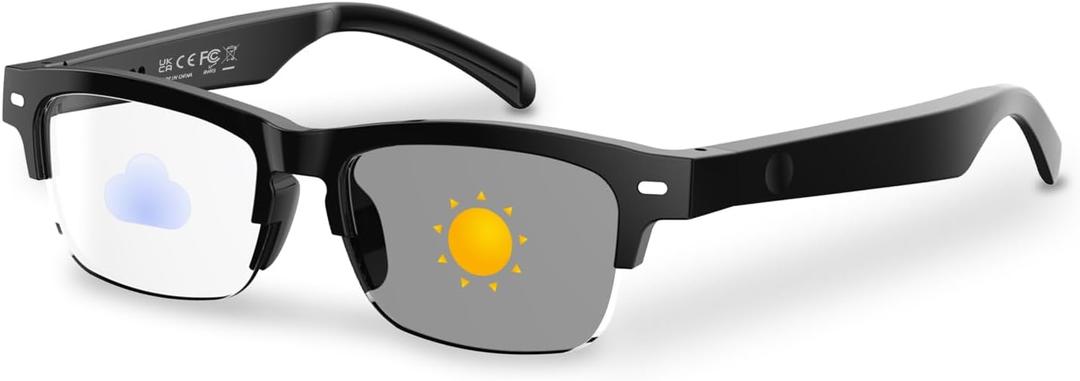 Smart Glasses, Open-Ear Sound Mic & Speakers, Smart Audio Polarized Sunglasses with Photochromic Lenses, IPX4 Waterproof, Voice Assistant, Unisex Bluetooth Glasses for Travel, Working & Driving