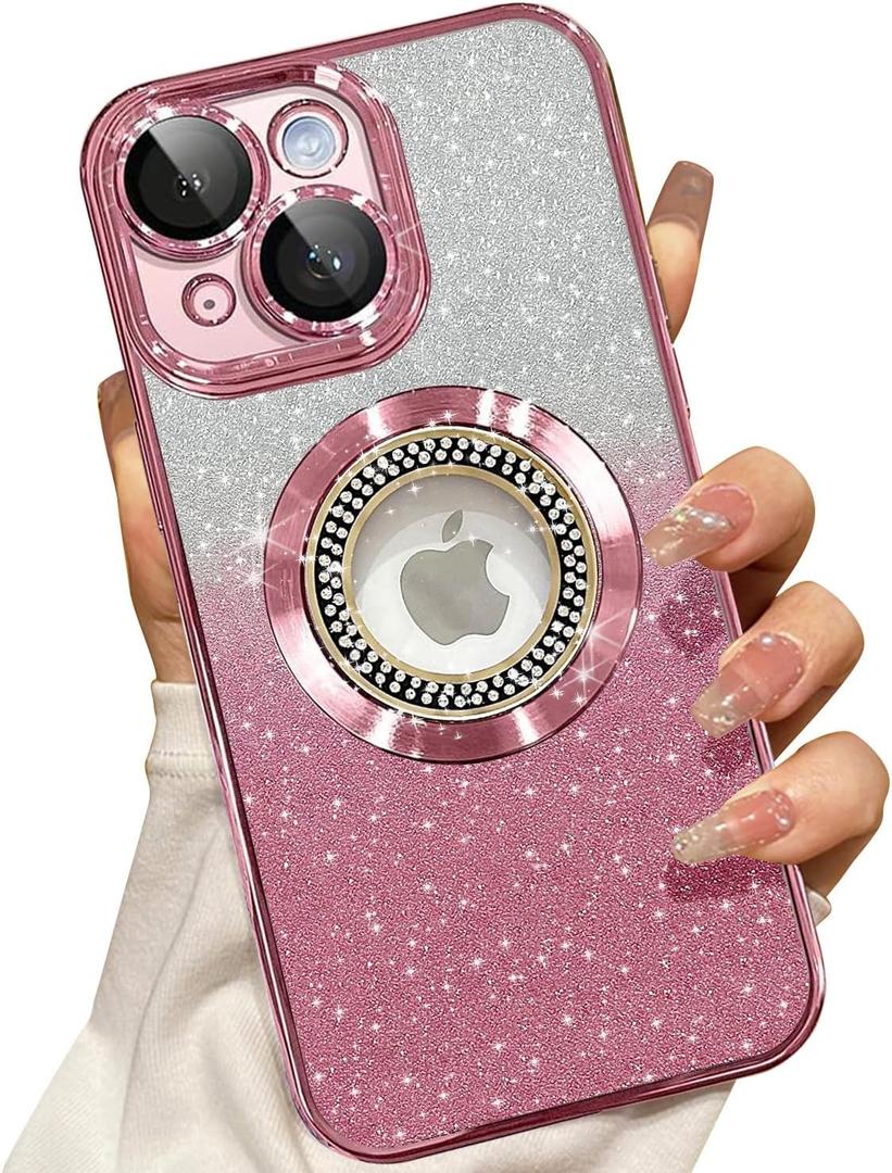 Misscase for iPhone 15 Plus Magnetic Glitter Case Compatible with MagSafe,Full Protection Slim Shockproof Anti-Scratch Case with Camera Lens Protector Logo View Dust-Proof Net for Women Pink