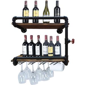 Industrial Wall Mounted Wine Racks with 4 Stem Glass Holder,24inch Rustic Metal Hanging Wine Holder Glass Rack,2-Tiers Floating Bar Shelves Bottle Holder Storage Shelves,Wood Shelves Wall Shelf