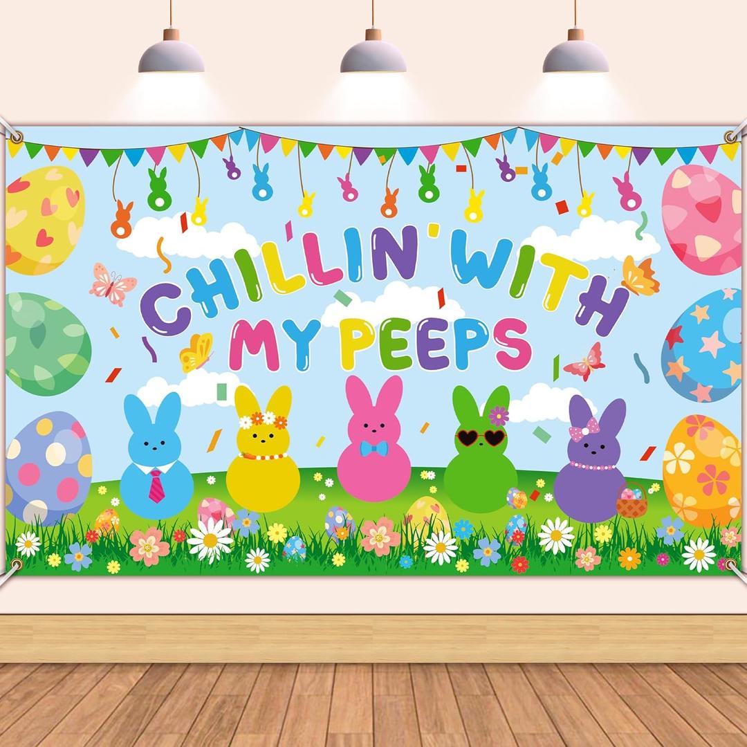 Easter Decorations Chillin with My Peeps Backdrop, 71" X 43" Easter Backdrop, Eggs Floral Grass Bunny Easter Backdrops for Photography, Peeps Banner for Easter Peeps Decorations Indoor Outdoor