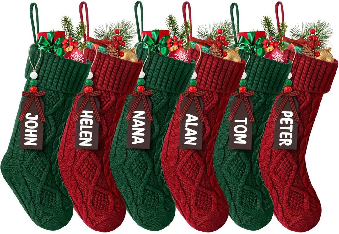 Hommtina Christmas Stockings, Personalized Christmas Stockings 18 Inches Large Size Cable Knitted Stocking Gifts (6pcs red&Green)