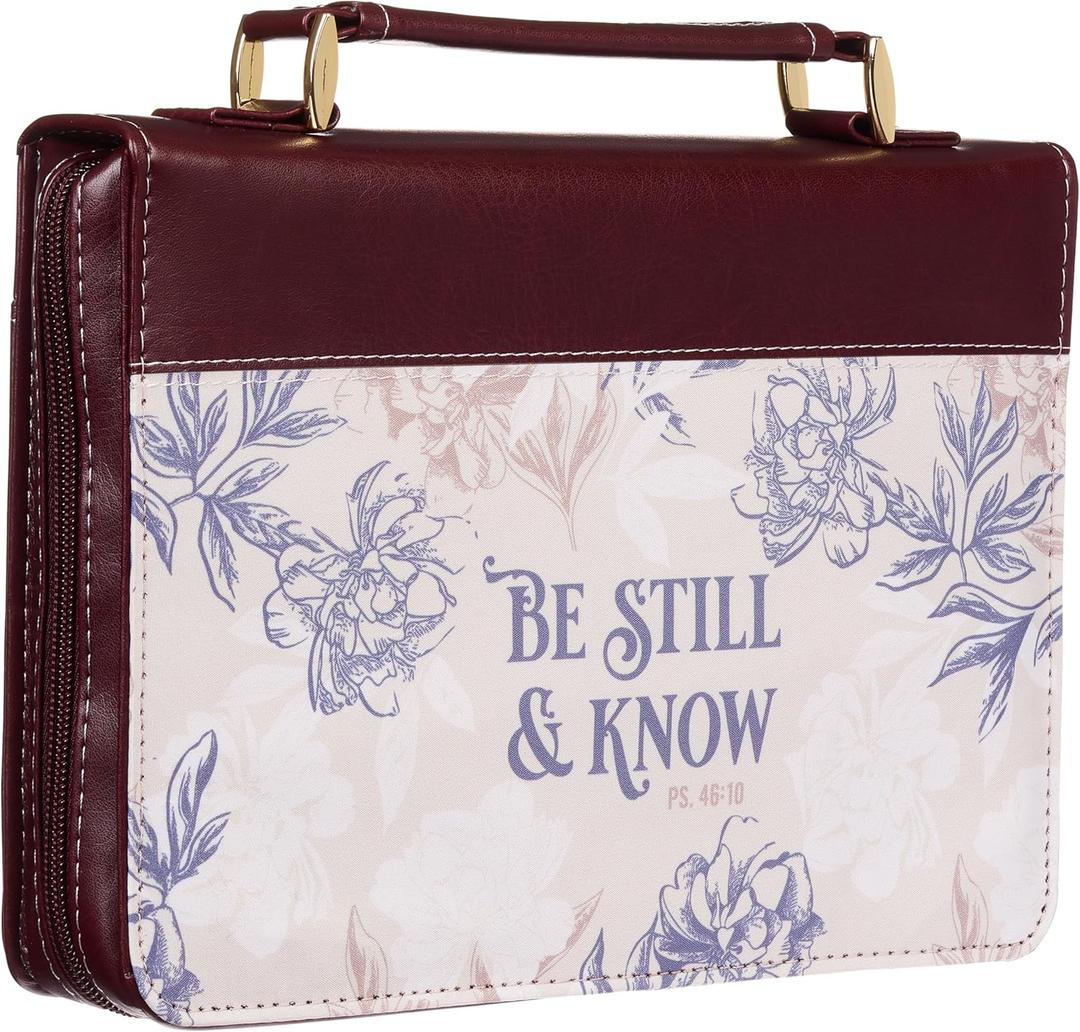 Christian Art Gifts Faux Leather Fashion Bible Cover - Be Still and Know - Psalm 46:10 Inspirational Bible Verse, Neutral Floral, Burgundy, Large