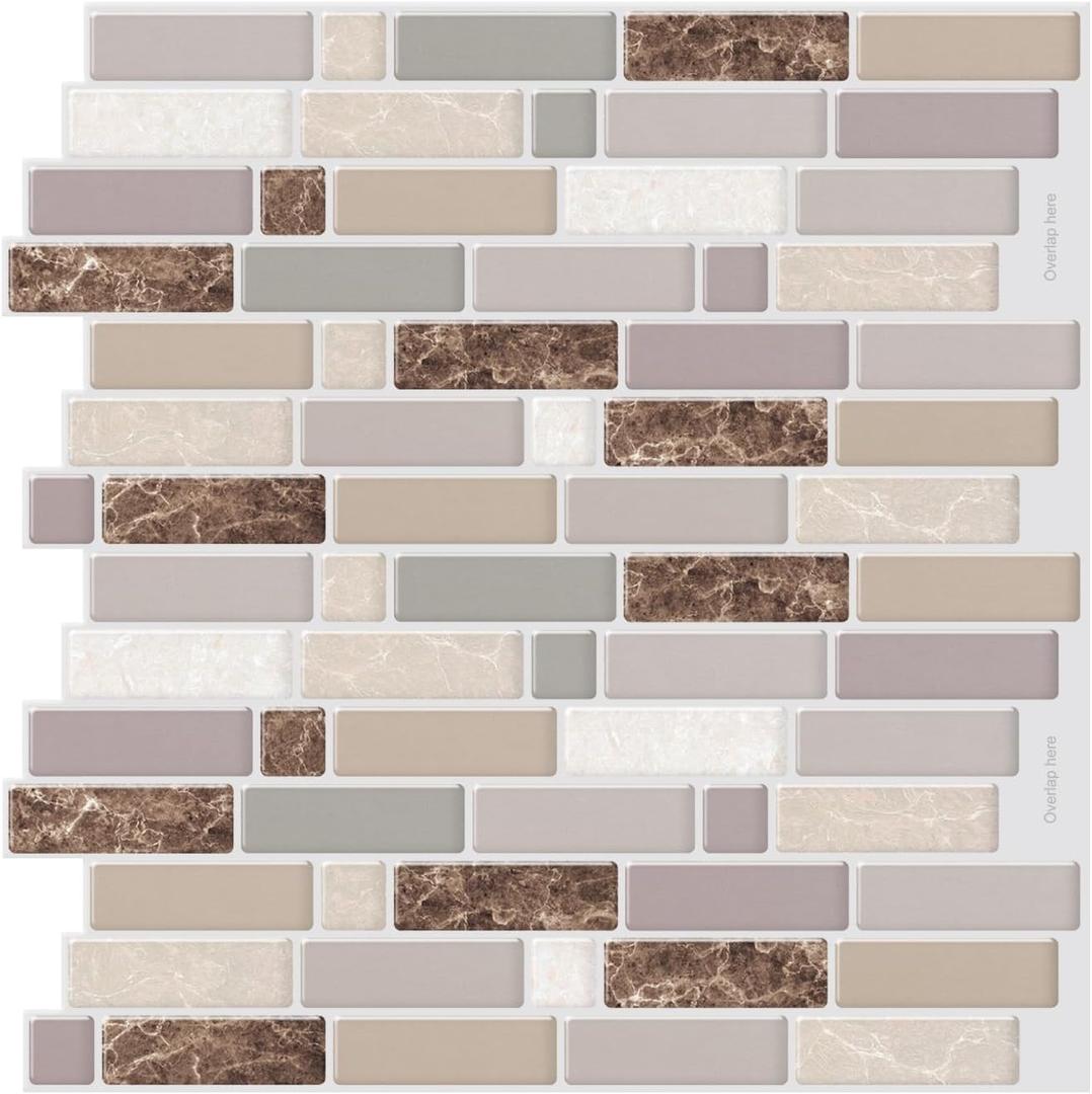 Peel and Stick Wall Tile 12"x12" 3D Adhesive Backsplash Tile for Kitchen, Bathroom 3D Wall Panels (10 Sheets, Brown)