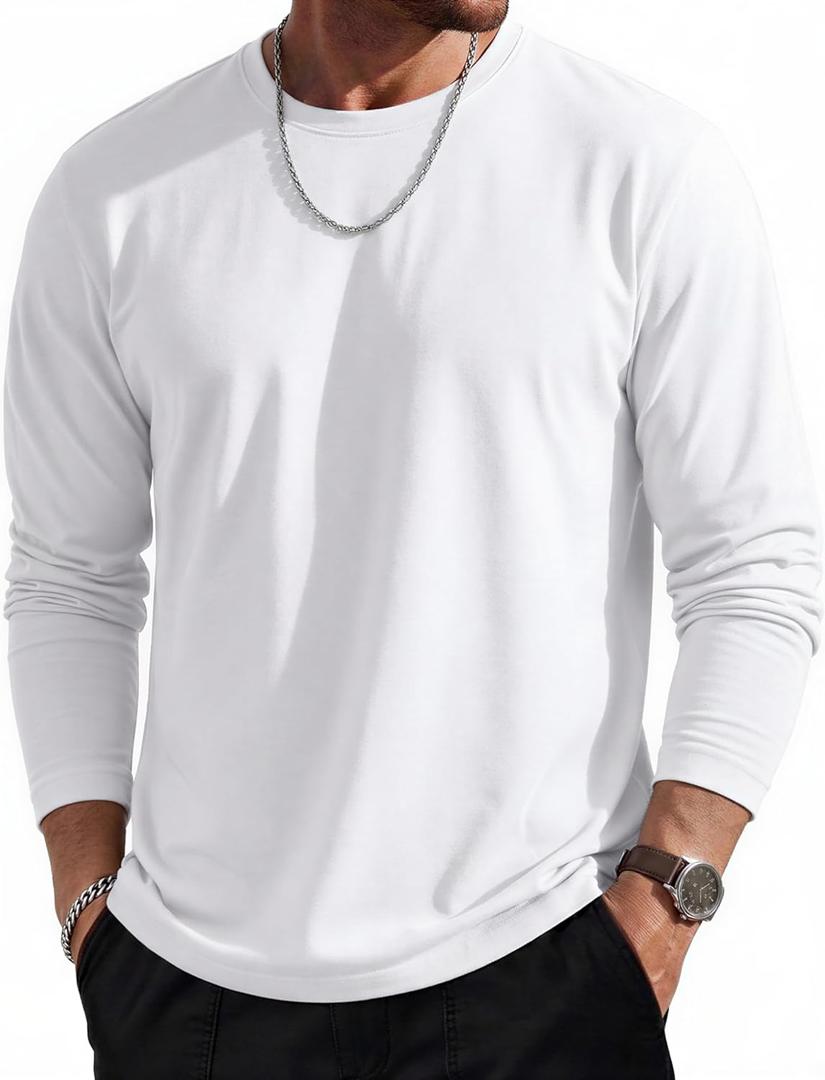 MAGCOMSEN Mens Long Sleeve Tee Shirts Lightweight Moisture Wicking Casual Comfort Crewneck Plain Long Sleeve Shirts (White, XXL)