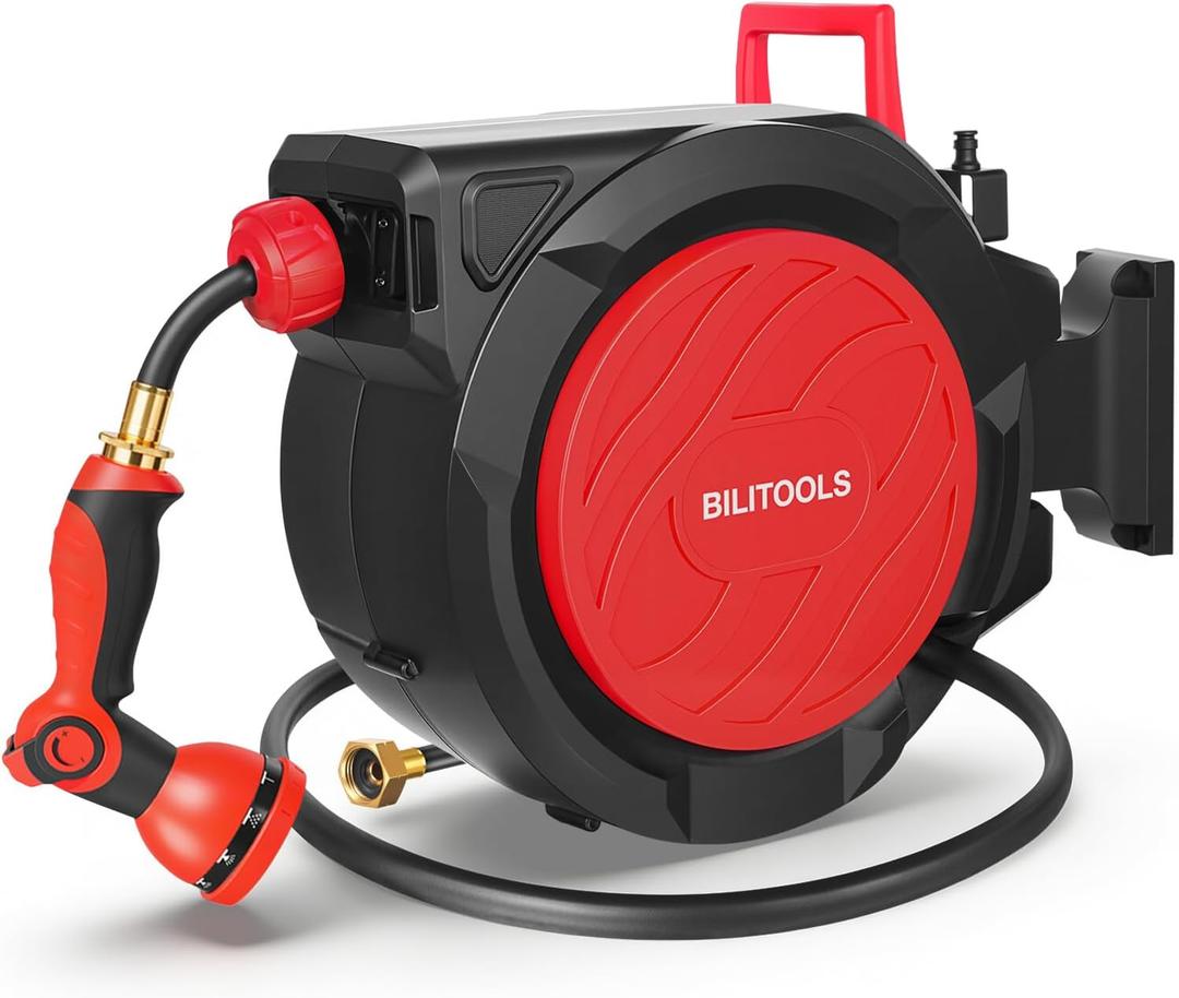 BILITOOLS Retractable Garden Hose Reel 5/8" x 50 ft Wall Mount Auto Rewind | Water Hose Reel for Outside, Any Length Lock, 10-Pattern Nozzle, Hybrid Hose, Aluminum Shaft, 180 Swivel Wall Mount