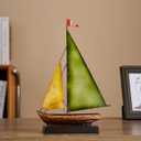 Vintage Sailboat Statue Decor for Living Room, Metal Boat Sculptures Decorations for Dining Room Office, Nautical Home Décor Accents for Shelf Bookshelf Coffee Table TV Stand (Yellow and Green)
