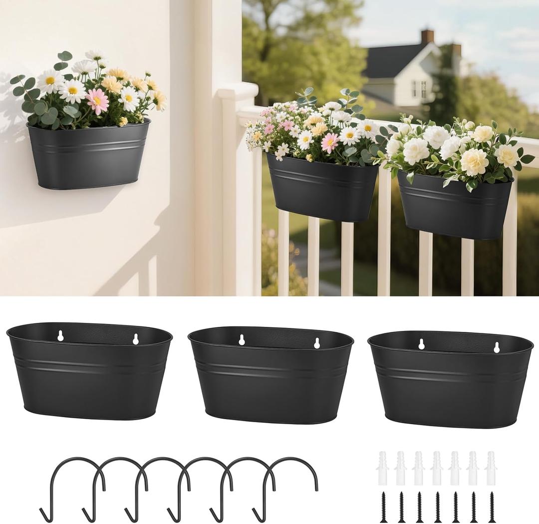 Dahey 3 Pcs 10.5 Inch Hanging Flower Pots for Railing Fence Metal Wall Planters for Indoor Plants Outdoor Countryside Window Flower Holder with Hooks Drainage Holes for Garden Yard Home Decor, Black