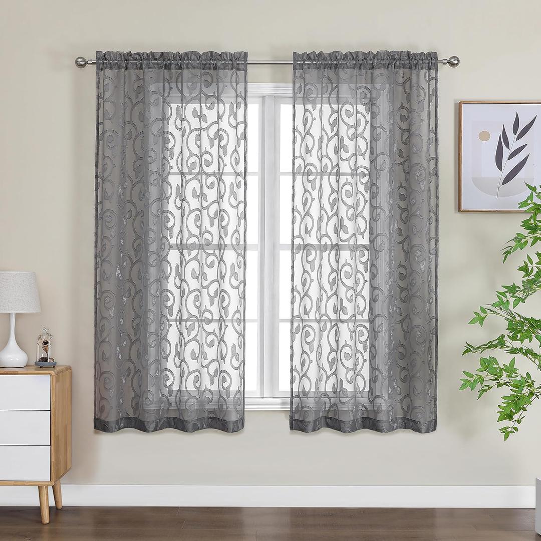 OWENIE Furman Sheer Curtains 63 inch Length for Bedroom Living Room 2 Panels Set, Jacquard Clip Textured Semi Sheer Grey Curtains, Light Filtering Rod Pocket Farmhouse Window Treatments, 40Wx63L inch