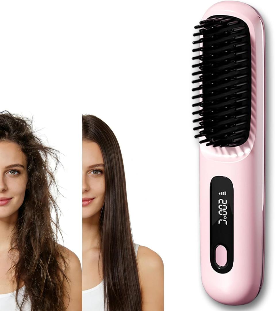 2026 Go Brush Pro for Short Hair, Portable Straightener Brushs for Travel, with LCD Temperature Display, Fast Heating Cordless Mini Hair Brushs Styling Tools (Pink)