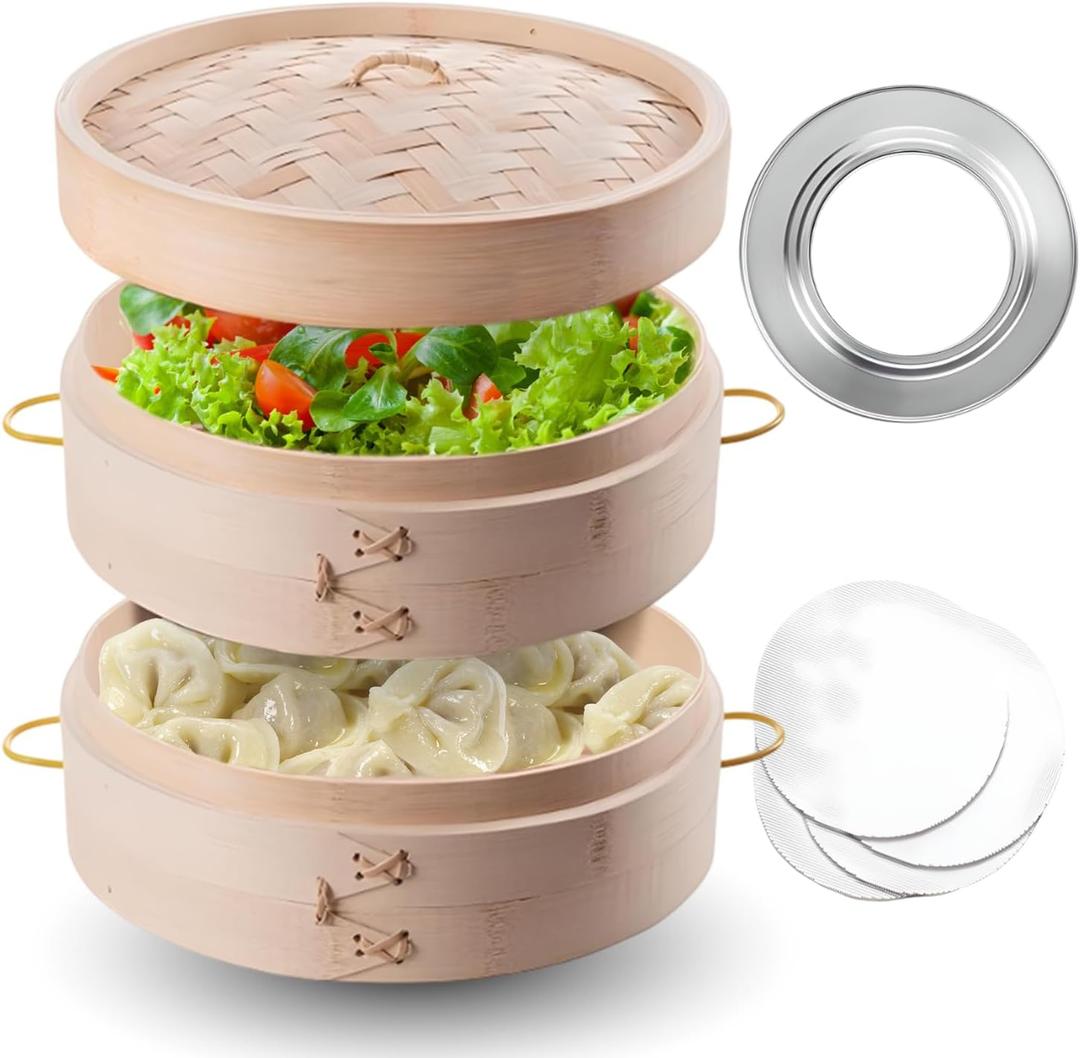 10-Inch Bamboo Steamer Basket, 2-Tier Natural Bamboo Steamer with Lid & Liners  Traditional Dim Sum, Dumplings, Bao Buns, Vegetables & Healthy Asian Cooking
