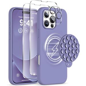 Magnetic for iPhone 16 Pro Case, Compatible with Magsafe, Suction Cup Phone Mount, 2 Screen Protectors - Camera Protector, Silicone Shockproof Protective Phone Cover 6.3", Lavender