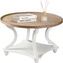 Wnutrees Farmhouse Round Coffee Table, Wood Tray Top Circle Coffee Table with Storage Shelf Rustic Style for Living Room and Vintage Finish, White