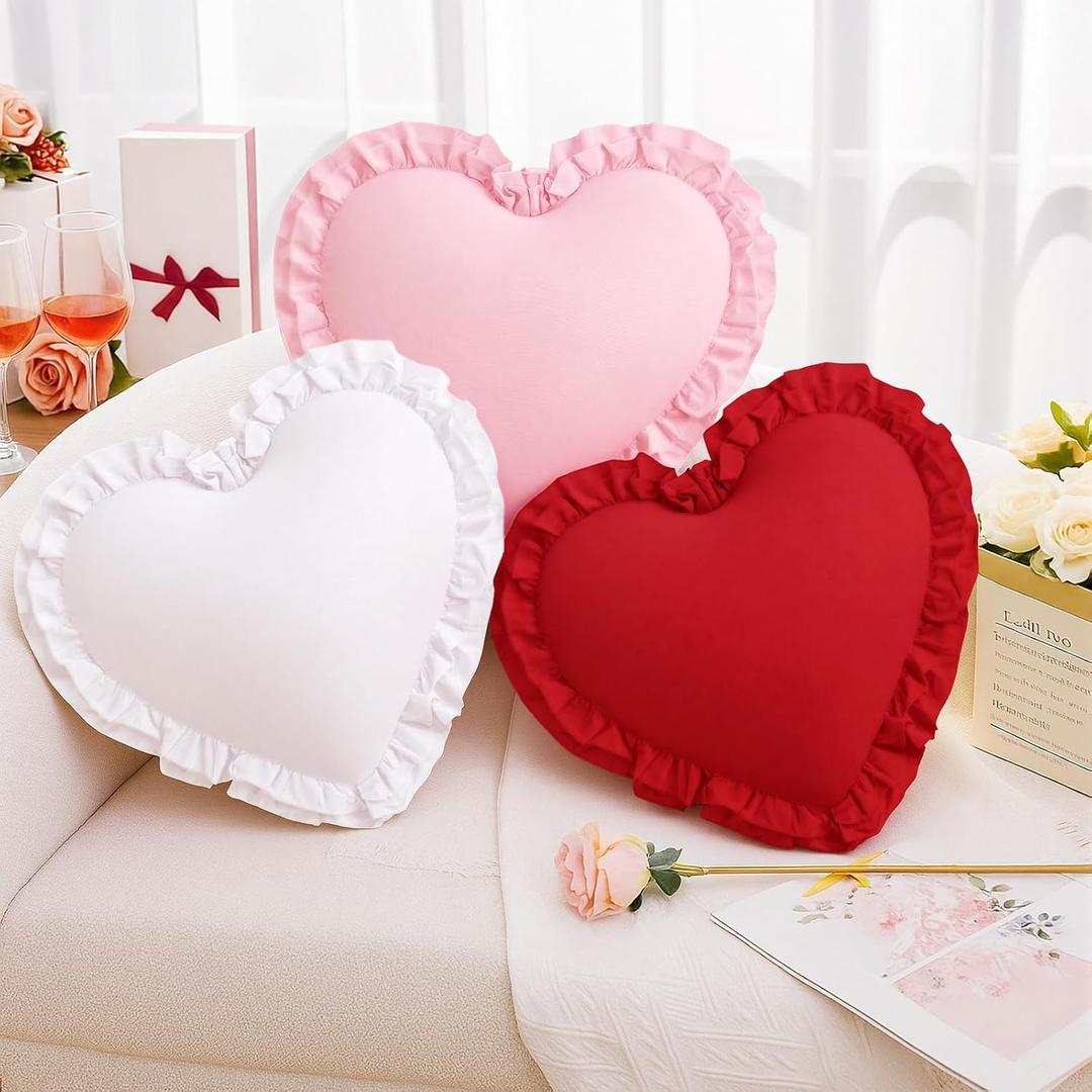 3 Pcs Heart Shaped Pillows Valentine's Day Home Decor Ruffle Throw Pillows Red Pink White Soft Cotton Cushions Love Heart Romantic Gift for Her Sofa Bed Chair House Decorations
