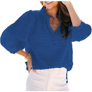 Women's Casual 3/4 Length Sleeve Tops 2025 Summer Button V Neck Texture Blouses Smocked Loose Pullover Tunic Tops Shirts (Small, 01 Dark Blue)
