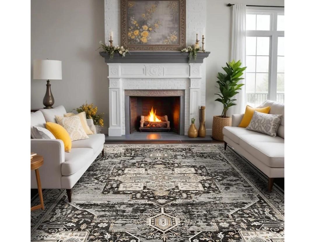 RUUGME Washable 9x12 Area Rugs - Large Rugs for Living Room Stain Resistant Carpet Vintage Rugs for Bedroom with Non Slip Backing Home Decor Floor Decoration Mat (9x12 Black)