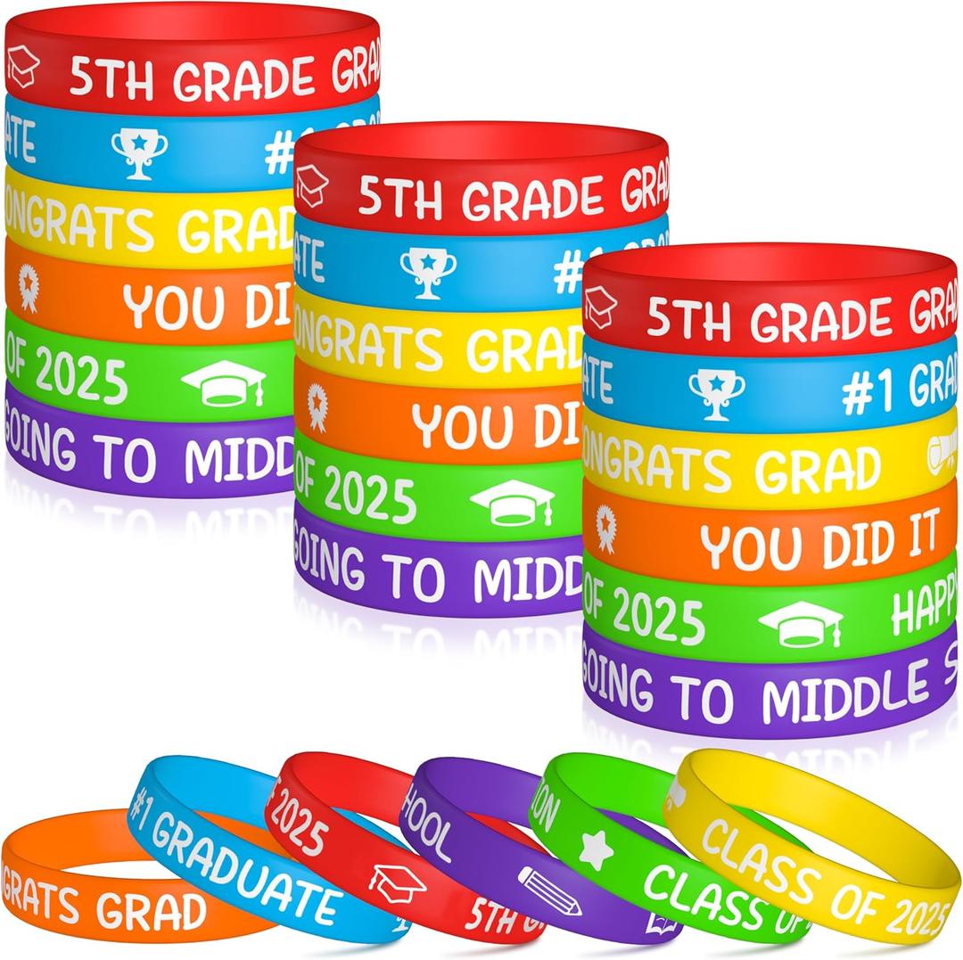 WATINC 5TH Grade Graduation Silicone Wristbands Set, Class of 2025 Happy Graduation Label Bracelets, Colorful Graduate Rubber Bracelet Party Favors Supply Decor for School Teacher Students(36Pcs)